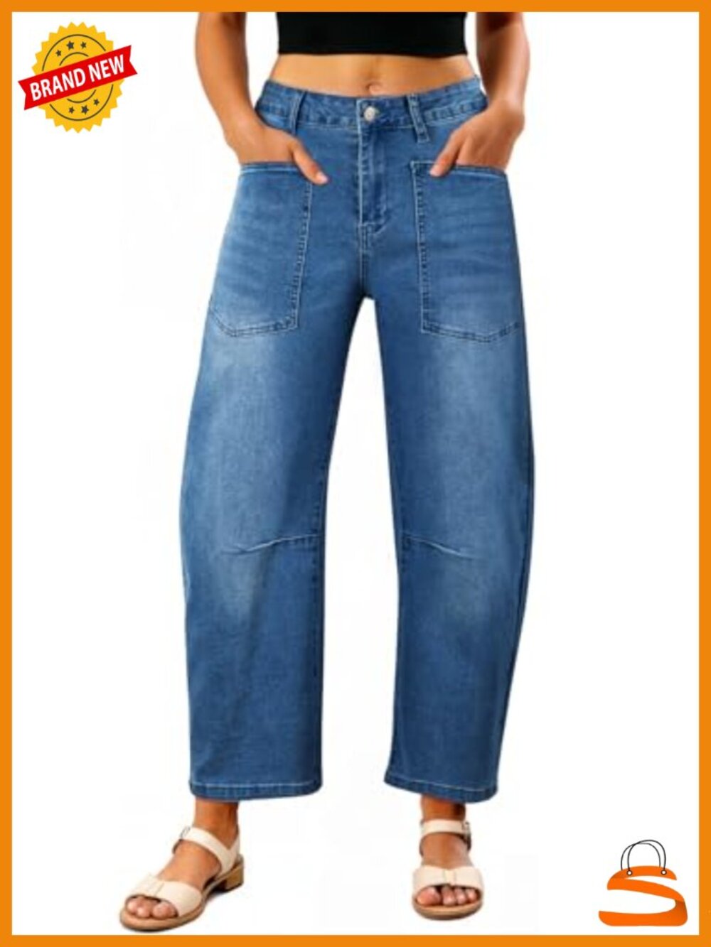 High Waisted Baggy Wide Leg Barrel Jeans Ankle Length Stretch Denim